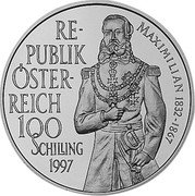 Austria 100 Schilling Emperor Maximilian 1997 Proof KM# 3046 REPUBLIK ÖSTERREICH 100 SCHILLING 1997 MAXIMILIAN 1832-1867 coin obverse