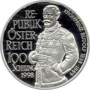 Austria 100 Schilling Habsburg tragedies - Crown prince Rudolf 1998 Proof KM# 3051 RE- PUBLIK ÖSTER- REICH 100 SCHILLING 1998 KRONPRINZ RUDOLF 1858-1889 coin obverse