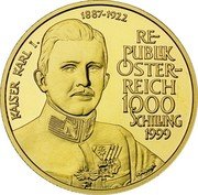 Austria 1000 Schilling Emperor Karl I 1999 Proof KM# 3062 KAISER KARL I. 1887-1922 RE- PUBLIK ÖSTER- REICH 1000 SCHILLING 1999 coin obverse