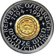 Austria 1000 Schilling 800th Anniversary of the Vienna Mint 1994 Proof KM# 3018 REPUBLIK ÖSTERREICH 1194-1994 MÜNZE WIEN ·1000 SCHILLING· coin obverse Austria 1000 Schilling 800th Anniversary of the Vienna Mint 1994 Proof KM# 3018 REPUBLIK ÖSTERREICH 1194-1994 MÜNZE WIEN ·1000 SCHILLING· coin obverse