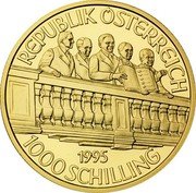 Austria 1000 Schilling 50th Anniversary - Second Republic 1995 Proof KM# 3030 REPUBLIK ÖSTERREICH 1995 1000 SCHILLING coin obverse Austria 1000 Schilling 50th Anniversary - Second Republic 1995 Proof KM# 3030 REPUBLIK ÖSTERREICH 1995 1000 SCHILLING coin obverse