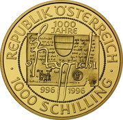 Austria 1000 Schilling Millennium of the Name Osterreich 1996 Proof KM# 3037 REPUBLIK ÖSTERREICH 1000 JAHRE 996 1996 1000 SCHILLING coin obverse Austria 1000 Schilling Millennium of the Name Osterreich 1996 Proof KM# 3037 REPUBLIK ÖSTERREICH 1000 JAHRE 996 1996 1000 SCHILLING coin obverse