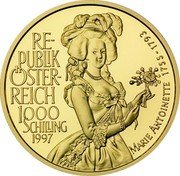 Austria 1000 Schilling Marie Antoinette 1997 Proof KM# 3043 RE- PUPLIK ÖSTER- REICH 1000 SCHILLING 1997 MARIE ANTOINETTE 1755-1793 coin obverse Austria 1000 Schilling Marie Antoinette 1997 Proof KM# 3043 RE- PUPLIK ÖSTER- REICH 1000 SCHILLING 1997 MARIE ANTOINETTE 1755-1793 coin obverse