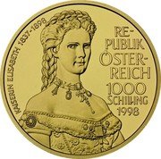 Austria 1000 Schilling 100th Empress Elisabeth's Assassination 1998 Proof KM# 3052 KAISERIN ELISABETH 1837-1898 RE- PUBLIK ÖSTER- REICH 1000 SCHILLING 1998 coin obverse Austria 1000 Schilling 100th Empress Elisabeth's Assassination 1998 Proof KM# 3052 KAISERIN ELISABETH 1837-1898 RE- PUBLIK ÖSTER- REICH 1000 SCHILLING 1998 coin obverse