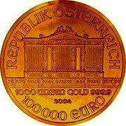 Austria 100000 Euro Vienna Philharmonic 2004 Proof KM# 3123 REPUBLIK ÖSTERREICH 1000 UNZEN GOLD 999.9 2004 100 000 EURO coin obverse Austria 100000 Euro Vienna Philharmonic 2004 Proof KM# 3123 REPUBLIK ÖSTERREICH 1000 UNZEN GOLD 999.9 2004 100 000 EURO coin obverse