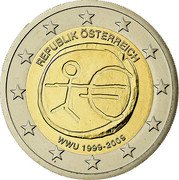 Austria 2 Euro 10th Anniversary - European Monetary Union 2009 Proof KM# 3175 REPUBLIK ÖSTERREICH WWU 1999-2009 coin obverse Austria 2 Euro 10th Anniversary - European Monetary Union 2009 Proof KM# 3175 REPUBLIK ÖSTERREICH WWU 1999-2009 coin obverse