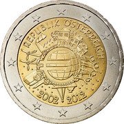 Austria 2 Euro Euro Coinage - 10th Anniversary 2012 KM# 3205 REPUBLIK ÖSTERREICH 2002-2019 coin obverse Austria 2 Euro Euro Coinage - 10th Anniversary 2012 KM# 3205 REPUBLIK ÖSTERREICH 2002-2019 coin obverse