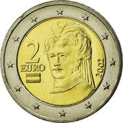 Austria 2 Euro Peace prize winner Bertha von Suttner - member map 2002 KM# 3089 2 EURO 2002 coin obverse Austria 2 Euro Peace prize winner Bertha von Suttner - member map 2002 KM# 3089 2 EURO 2002 coin obverse