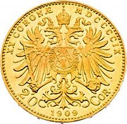 Austria 20 Corona Franz Joseph I 1909 MDCCCCIX KM# 2817 XX CORONÆ MDCCCIX 20 1909 COR. coin reverse Austria 20 Corona Franz Joseph I 1909 MDCCCCIX KM# 2817 XX CORONÆ MDCCCIX 20 1909 COR. coin reverse