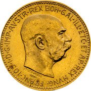 Austria 20 Corona Franz Joseph I 1916 MDCCCCXVI KM# 2827 D G IMP AVSTR REX BOH GAL ILL ETC ET AP REX HVNG FRANC IOS I ST SCHWARTZ coin obverse Austria 20 Corona Franz Joseph I 1916 MDCCCCXVI KM# 2827 D G IMP AVSTR REX BOH GAL ILL ETC ET AP REX HVNG FRANC IOS I ST SCHWARTZ coin obverse