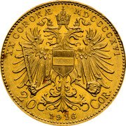Austria 20 Corona Franz Joseph I 1916 MDCCCCXVI KM# 2827 1916 / 20 COR. XX CORONAE coin reverse Austria 20 Corona Franz Joseph I 1916 MDCCCCXVI KM# 2827 1916 / 20 COR. XX CORONAE coin reverse