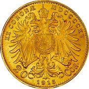 Austria 20 Corona Franz Joseph I ND MDCCCCXVI (1915) KM# 2818 XX CORONÆ MDCCCCXV 20 1915 COR. coin reverse Austria 20 Corona Franz Joseph I ND MDCCCCXVI (1915) KM# 2818 XX CORONÆ MDCCCCXV 20 1915 COR. coin reverse