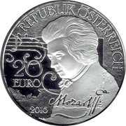 Austria 20 Euro (260th Anniversary - Birth of Wolfgang Amadeus Mozart. Legend 2016 Proof KM# 3258 2016 20 EURO MOZART REPUBLIK ÖSTERREICH coin obverse