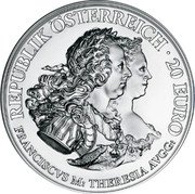 Austria 20 Euro The 300th Anniversary of the Birth of Maria Theresa Justitia 2017 Proof KM# 3271 20 EURO FRANCISCV M REPUBLIK ÖSTERREICH THERESIA AVGG coin obverse