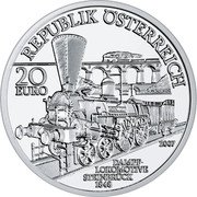 Austria 20 Euro South Railways Vienna -Triest 2007 Proof KM# 3151 REPUBLIK ÖSTERREICH 20 EURO H.WÄHNER 2007 DAMPF- LOKOMOTIVE STEINBRÜCK 1848 coin obverse