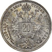 Austria 20 Kreuzer Franz Joseph I 1868 KM# 2212 HVNGAR·BOHEM·GAL· LOD·ILL·REX A·A· 20 coin reverse Austria 20 Kreuzer Franz Joseph I 1868 KM# 2212 HVNGAR·BOHEM·GAL· LOD·ILL·REX A·A· 20 coin reverse