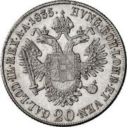 Austria 20 Kreuzer (Ferdinand I) KM# 2207 HVNG. BOH. LOMB. ET VEN. 20 GAL. LOD. IL. REX. A. A. coin reverse Austria 20 Kreuzer (Ferdinand I) KM# 2207 HVNG. BOH. LOMB. ET VEN. 20 GAL. LOD. IL. REX. A. A. coin reverse