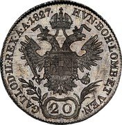 Austria 20 Kreuzer Franz I 1827 A KM# 2144 HVN BOH LOMB ET VEN (20) GAL LOD IL REX A A coin reverse Austria 20 Kreuzer Franz I 1827 A KM# 2144 HVN BOH LOMB ET VEN (20) GAL LOD IL REX A A coin reverse