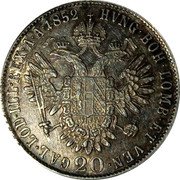 Austria 20 Kreuzer Franz Joseph I 1852 B KM# 2211 HVNG·BOH·LOMB·ET VEN· GAL·LOD·ILL·REX·A·A·1854 20 coin reverse Austria 20 Kreuzer Franz Joseph I 1852 B KM# 2211 HVNG·BOH·LOMB·ET VEN· GAL·LOD·ILL·REX·A·A·1854 20 coin reverse