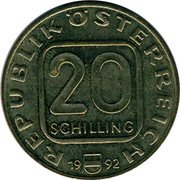 Austria 20 Schilling (300th Salzburg's Arcbishop J. Graf Thun.) KM# 2980.2 20 SCHILLING REPUBLIK ÖSTERREICH 19 92 coin obverse Austria 20 Schilling (300th Salzburg's Arcbishop J. Graf Thun.) KM# 2980.2 20 SCHILLING REPUBLIK ÖSTERREICH 19 92 coin obverse