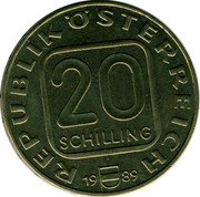 Austria 20 Schilling (States of Austria - Tyrol) KM# 2988.1 20 SCHILLING REPUBLIK ÖSTERREICH 19 89 coin obverse Austria 20 Schilling (States of Austria - Tyrol) KM# 2988.1 20 SCHILLING REPUBLIK ÖSTERREICH 19 89 coin obverse