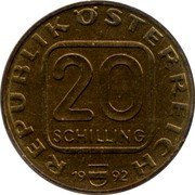 Austria 20 Schilling (200th birthday of Franz Grillparzer) KM# 2995.2 REPUBLIK ÖSTERREICH 20 SCHILLING 1993 coin obverse Austria 20 Schilling (200th birthday of Franz Grillparzer) KM# 2995.2 REPUBLIK ÖSTERREICH 20 SCHILLING 1993 coin obverse