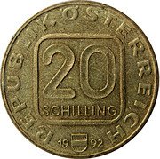 Austria 20 Schilling Freedom of Tirol 1992 KM# 2988.2 REPUBLIK ÖSTERREICH 20 SCHILLING 19 92 coin obverse Austria 20 Schilling Freedom of Tirol 1992 KM# 2988.2 REPUBLIK ÖSTERREICH 20 SCHILLING 19 92 coin obverse