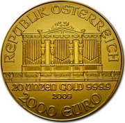 Austria 2000 Euro Vienna Philharmonic 2009 KM# 3182 REPUBLIK ÖSTERREICH 20 UNZEN GOLD 999.9 2009 2000 EURO coin obverse Austria 2000 Euro Vienna Philharmonic 2009 KM# 3182 REPUBLIK ÖSTERREICH 20 UNZEN GOLD 999.9 2009 2000 EURO coin obverse