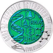 Austria 25 Euro Evolution 2014 Special Unc KM# 3227 REPUBLIK ÖSTERREICH 2014 · 25 EURO RNA DNA EVOLUTION coin obverse