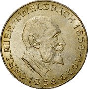 Austria 25 Schilling 100th Anniversary - Birth of Auer von Welsbach Chemist 1958 Proof KM# 2884 CARL AUER V. WELSBACH 1858-1929 ·1958· L·HUJER coin reverse Austria 25 Schilling 100th Anniversary - Birth of Auer von Welsbach Chemist 1958 Proof KM# 2884 CARL AUER V. WELSBACH 1858-1929 ·1958· L·HUJER coin reverse