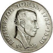 Austria 25 Schilling 100th death Archduke Johann 1959 KM# 2887 ERZHERZOG JOHANN 1782-1859 1959 NORZ coin reverse Austria 25 Schilling 100th death Archduke Johann 1959 KM# 2887 ERZHERZOG JOHANN 1782-1859 1959 NORZ coin reverse