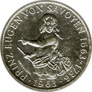 Austria 25 Schilling 300th Anniversary of birth of Prince Eugen 1963 KM# 2893 PRINZ EUGEN VON SAVOYEN 1663 -1736 GRIENAUER 1963 coin reverse Austria 25 Schilling 300th Anniversary of birth of Prince Eugen 1963 KM# 2893 PRINZ EUGEN VON SAVOYEN 1663 -1736 GRIENAUER 1963 coin reverse