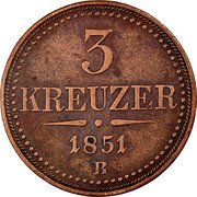 Austria 3 Kreuzer Franz Joseph I 1851 B KM# 2193 3 KREUZER 1851 B coin reverse Austria 3 Kreuzer Franz Joseph I 1851 B KM# 2193 3 KREUZER 1851 B coin reverse