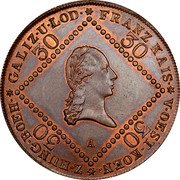 Austria 30 Kreuzer (Franz I) KM# 2149 * FRANZ KAIS·* V·OEST·KOEN·* Z·HUNG·BOEH·* GALIZ·U·LOD· coin obverse Austria 30 Kreuzer (Franz I) KM# 2149 * FRANZ KAIS·* V·OEST·KOEN·* Z·HUNG·BOEH·* GALIZ·U·LOD· coin obverse