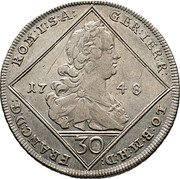 Austria 30 Kreuzer Franz I 1746 GR KM# 2031.1 FRANC D G ROM I S A GER IER R LO B M H D coin obverse Austria 30 Kreuzer Franz I 1746 GR KM# 2031.1 FRANC D G ROM I S A GER IER R LO B M H D coin obverse