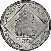 Austria 30 Kreuzer Joseph II 1769 A IC-SK KM# 2071 30 / IOSEPH II D G R I S A GE REX A A LO&M H D coin obverse Austria 30 Kreuzer Joseph II 1769 A IC-SK KM# 2071 30 / IOSEPH II D G R I S A GE REX A A LO&M H D coin obverse