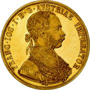 Austria 4 Ducat Franz Joseph I 1915 KM# 2276 FRANC IOS I D G AVSTRIAE IMPERATOR coin obverse Austria 4 Ducat Franz Joseph I 1915 KM# 2276 FRANC IOS I D G AVSTRIAE IMPERATOR coin obverse