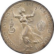 Austria 5 Corona 60th Anniversary of the Franz Joseph I's Reign 1908 KM# 2809 DVODECIM LVSTRIS 1848 1908 GLORIOSE PERACTIS 5 COR coin reverse Austria 5 Corona 60th Anniversary of the Franz Joseph I's Reign 1908 KM# 2809 DVODECIM LVSTRIS 1848 1908 GLORIOSE PERACTIS 5 COR coin reverse