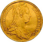 Austria 5 Ducat Maria Theresia Vienna 1777 IC-FA KM# 1757 M THERESIA D G R IMP HU BO REG coin obverse Austria 5 Ducat Maria Theresia Vienna 1777 IC-FA KM# 1757 M THERESIA D G R IMP HU BO REG coin obverse