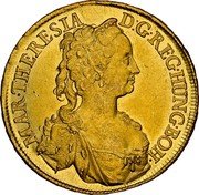 Austria 5 Ducat Maria Theresia 1743 KM# 1680 MAR THERESIA D G REG HUNG BOH coin obverse Austria 5 Ducat Maria Theresia 1743 KM# 1680 MAR THERESIA D G REG HUNG BOH coin obverse