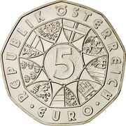 Austria 5 Euro 100 Years Skisport 2005 KM# 3117 5 EURO REPUBLIK ÖSTERREICH coin obverse