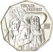 Austria 5 Euro Tyrolean Resistance Fighters 1809 2009 KM# 3177 TIROLER FREIHEIT 1809 2009 coin reverse Austria 5 Euro Tyrolean Resistance Fighters 1809 2009 KM# 3177 TIROLER FREIHEIT 1809 2009 coin reverse