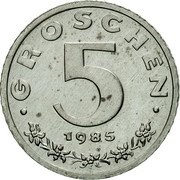 Austria 5 Groschen Eagle with Shield 1985 KM# 2875 5 GROSHEN 1986 coin reverse Austria 5 Groschen Eagle with Shield 1985 KM# 2875 5 GROSHEN 1986 coin reverse