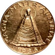 Austria 5 Schilling Madonna of Mariazell 1936 KM# 2853 MAGNA · MATER · AUSTRIAE · 1934 · coin reverse Austria 5 Schilling Madonna of Mariazell 1936 KM# 2853 MAGNA · MATER · AUSTRIAE · 1934 · coin reverse