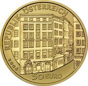 Austria 50 Euro Mozart 2006 Proof KM# 3130 REPUBLIK ÖSTERREICH MOZART GEBURTSHAUS 2006 50 EURO H.WÄHNER coin obverse Austria 50 Euro Mozart 2006 Proof KM# 3130 REPUBLIK ÖSTERREICH MOZART GEBURTSHAUS 2006 50 EURO H.WÄHNER coin obverse