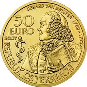 Austria 50 Euro Gerard van Swieten 2007 Proof KM# 3138 AKADEMIE DER WISSENSCHAFTEN / SWIETENIA MAHAGONI coin obverse Austria 50 Euro Gerard van Swieten 2007 Proof KM# 3138 AKADEMIE DER WISSENSCHAFTEN / SWIETENIA MAHAGONI coin obverse