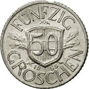 Austria 50 Groschen Imperial Eagle 1955 Proof KM# 2870 FÜNFZIG 50 19 52 GROSCHEN coin reverse Austria 50 Groschen Imperial Eagle 1955 Proof KM# 2870 FÜNFZIG 50 19 52 GROSCHEN coin reverse