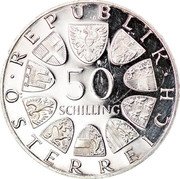 Austria 50 Schilling 1200th Salzburg Cathedral 1974 Proof KM# 2921 50 SCHILLING / REPUBLIK ÖSTERREICH coin obverse Austria 50 Schilling 1200th Salzburg Cathedral 1974 Proof KM# 2921 50 SCHILLING / REPUBLIK ÖSTERREICH coin obverse