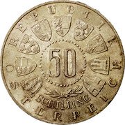 Austria 50 Schilling 600th Anniversary - Union with Tirol 1963 KM# 2894 REPUBLIK 50 SCHILLING ÖSTERREICH coin obverse Austria 50 Schilling 600th Anniversary - Union with Tirol 1963 KM# 2894 REPUBLIK 50 SCHILLING ÖSTERREICH coin obverse