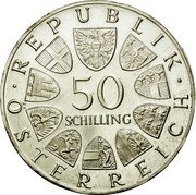 Austria 50 Schilling 150th Anniversary - National Bank 1966 KM# 2900 · REPUBLIK · 50 SCHILLING ÖSTERREICH coin obverse
